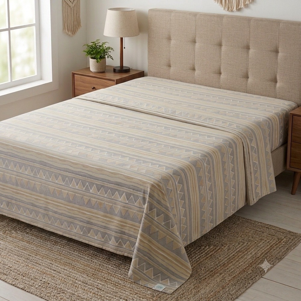 Queen Sheet Set Geometric Tribal Pattern Tan Beige Grey Made in Canada Boho 90s